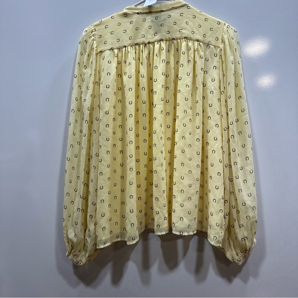 Ann Taylor Horseshoe V-Yoke Tie Neck Hidden Button Blouse Yellow S Equastrian - Picture 8 of 11